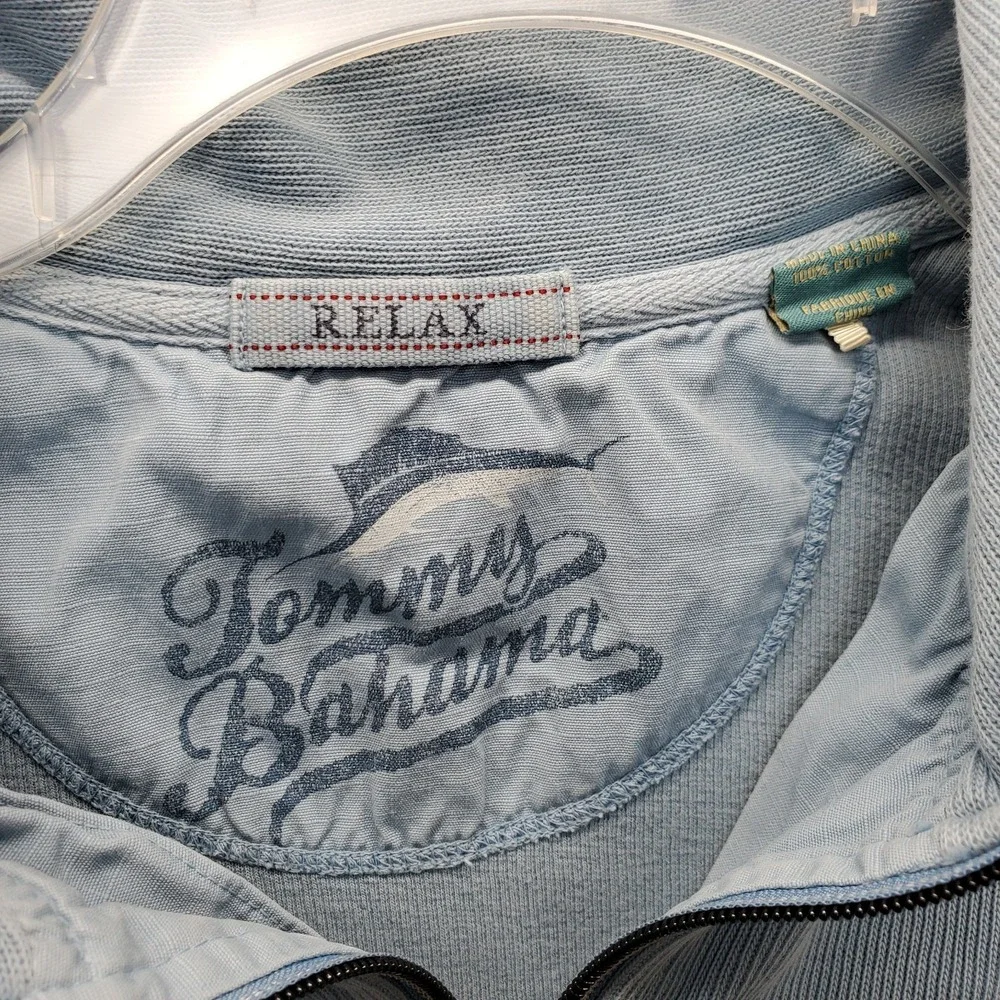Tommy Bahama Sweater Mens LT Blue Embroidered Logo Knit Relaxed 1/4 Zip Pullover